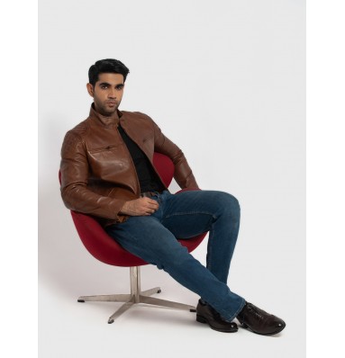 Morris Cognac Brown Leather Cafe Racer Jacket